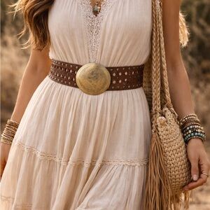 🌿 Vintage Boho Leather Statement Belt with Brass Floral Buckle